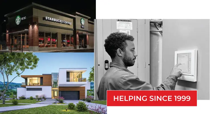 Collage showing a Starbucks coffee shop, a modern home, and an HVAC technician adjusting a thermostat, with the text 'Helping Since 1999'.